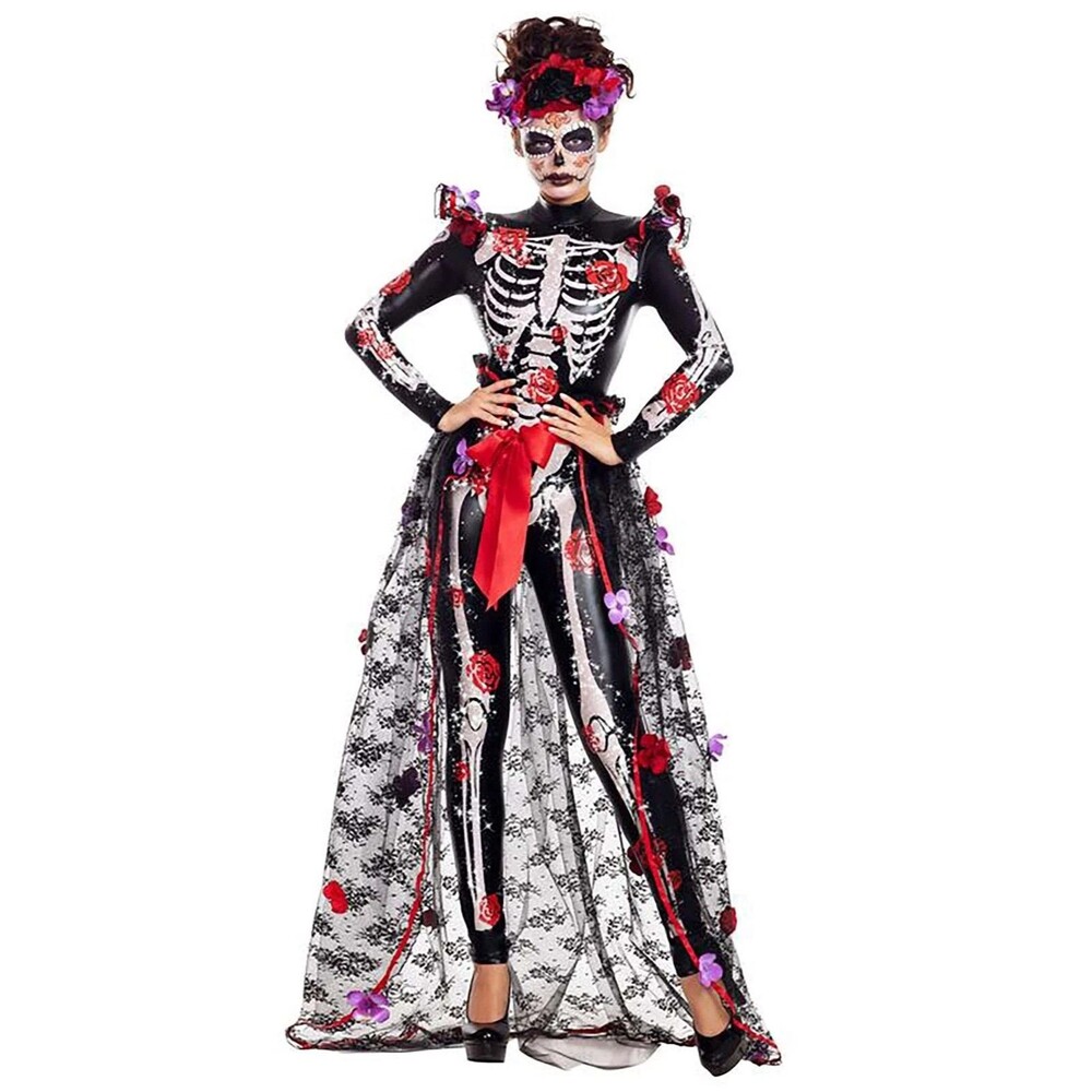 Party King Womens Rosas Day of the Dead Costume 1X Bodysuit Bustle Headpiece